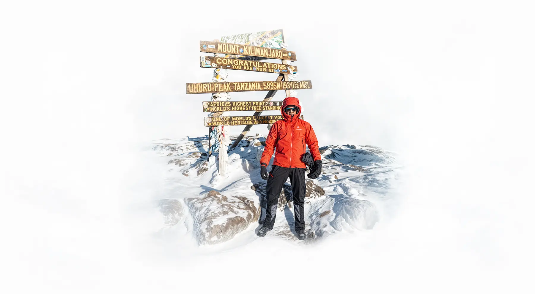 Fjellklatrer ved toppskiltet på Uhuru Peak på Kilimanjaro Fjellklatrer ved toppskiltet på Uhuru Peak på Kilimanjaro